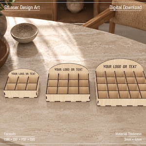 May include: Three light-coloured wooden organisers with grid compartments and arched back panels featuring the text YOUR LOGO OR TEXT. The organisers vary in size, with the smallest having six slots, the medium twelve, and the largest twenty slots.