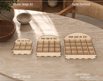 May include: Three light-colored wooden organizers with grid compartments and arched back panels featuring the text YOUR LOGO OR TEXT. The organizers vary in size, with the smallest having six slots, the medium twelve, and the largest twenty slots.