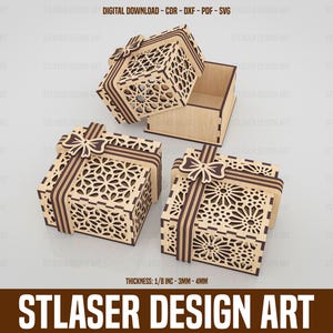 3 diversi file SVG per scatole regalo decorative tagliate al laser, file vettoriali per il taglio laser del legno