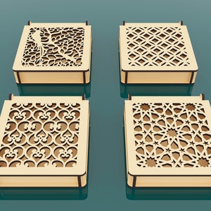 12 różnych wzorów ozdobne pudełko na prezent laserowo wycinane pliki SVG, pudełko na biżuterię z pokrywką, pliki wektorowe do cięcia laserowego drewna zdjęcie 2