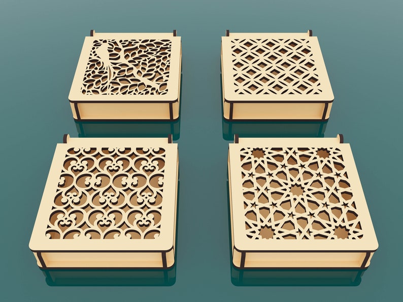 12 różnych wzorów ozdobne pudełko na prezent laserowo wycinane pliki SVG, pudełko na biżuterię z pokrywką, pliki wektorowe do cięcia laserowego drewna zdjęcie 2