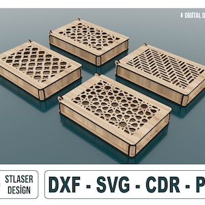 Caja de regalo de madera decorativa cortada con láser, caja de madera cortada con láser con tapa, archivos vectoriales para corte por láser de madera