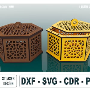 Caja de regalo de madera hexagonal decorativa, caja de regalo de madera cortada con láser, caja de madera cortada con láser, archivos vectoriales para corte por láser de madera