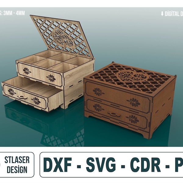 Laser Cut Chest Of Drawers Jewelry Box, Wooden Gift box, Laser Cut Wooden Box, Vector Files For Wood Laser Cutting