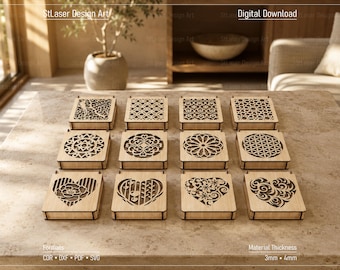 12 archivos SVG diferentes de cajas de regalo decorativas para corte láser, joyeros con tapa, archivos vectoriales para corte láser de madera.