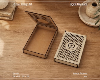 May include: Two rectangular wooden boxes with a laser-cut lattice pattern on the lids. One box is open, revealing a plain interior, while the other is closed and features a circular logo with a star and the text YOUR LOGO. Material thickness is 3mm.