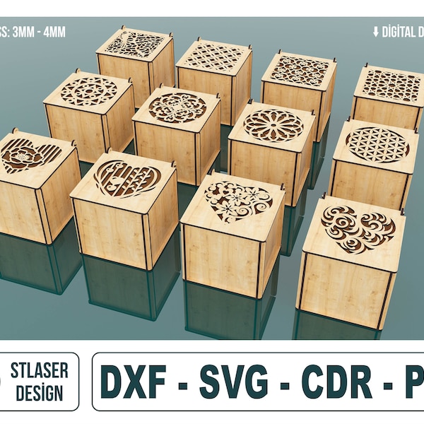 12 fichiers SVG découpés au laser de boîte-cadeau décorative de modèle différent, boîte à bijoux avec couvercle, boîte à tasse, fichiers vectoriels pour la découpe laser du bois