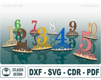 Numery stołów wycinane laserowo pliki SVG (1-10), numery stołów weselnych, pliki wektorowe do cięcia laserowego drewna