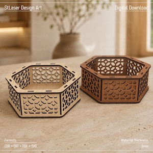 Caja de regalo hexagonal decorativa cortada con láser (archivos SVG), caja de regalo de madera cortada con láser, archivos vectoriales para corte láser de madera.