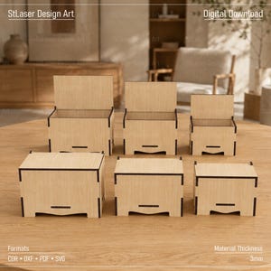 May include: Six light-colored wooden boxes with hinged lids in varying sizes, featuring dark laser-cut edges and a 3mm material thickness. The text StLaser Design Art, Digital Download, Formats CDR DXF PDF SVG, and Material Thickness 3mm is visible.