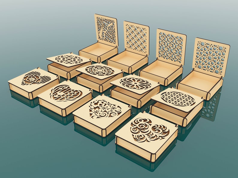 12 różnych wzorów ozdobne pudełko na prezent laserowo wycinane pliki SVG, pudełko na biżuterię z pokrywką, pliki wektorowe do cięcia laserowego drewna zdjęcie 5