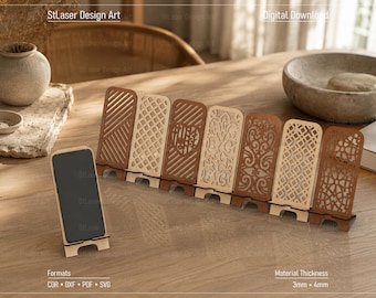 7 Different Decorative Phone Holder Laser Cut Svg Files, Phone Stand Files, Vector Files For Wood Laser Cutting