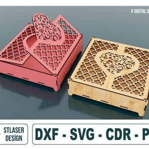 Caja de madera decorativa cortada con láser con tapa, corte láser de caja de regalo de madera, archivos vectoriales para corte por láser de madera