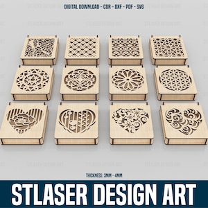 Caja de regalo decorativa con 12 patrones diferentes, archivos SVG cortados con láser, joyero con tapa, archivos vectoriales para corte láser de madera