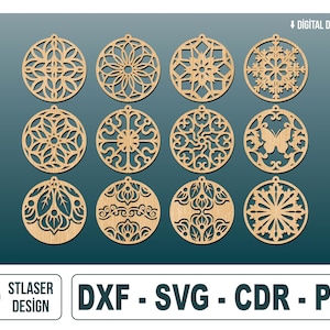 12 diversi modelli di ornamenti tagliati al laser file SVG, file vettoriali per il taglio laser del legno