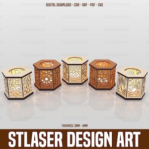 5 Different Hexagon Tealight Holder Laser Cut Svg Files, Vector Files For Wood Laser Cutting