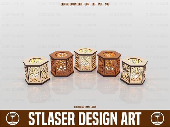 5 Different Hexagon Tealight Holder Laser Cut Svg Files, Vector Files For Wood Laser Cutting