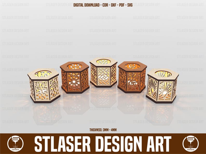 5 Different Hexagon Tealight Holder Laser Cut Svg Files, Vector Files For Wood Laser Cutting image 1