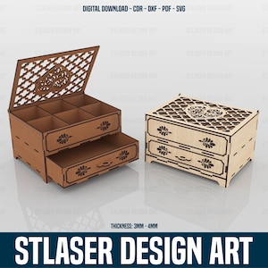 Boîte à bijoux découpée au laser pour commode, Boîte cadeau en bois, Boîte en bois découpée au laser, Fichiers vectoriels pour la découpe laser du bois