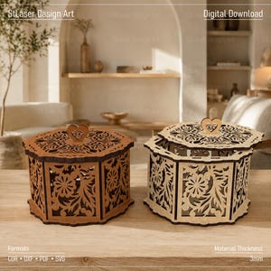 May include: Two octagonal wooden boxes with intricate laser-cut floral patterns on the sides and lids. Each lid features a small heart-shaped handle. One box is dark brown, and the other is light beige. Text includes StLaser Design Art, Digital Download, Formats CDR DXF PDF SVG, and Material Thickness 3mm.