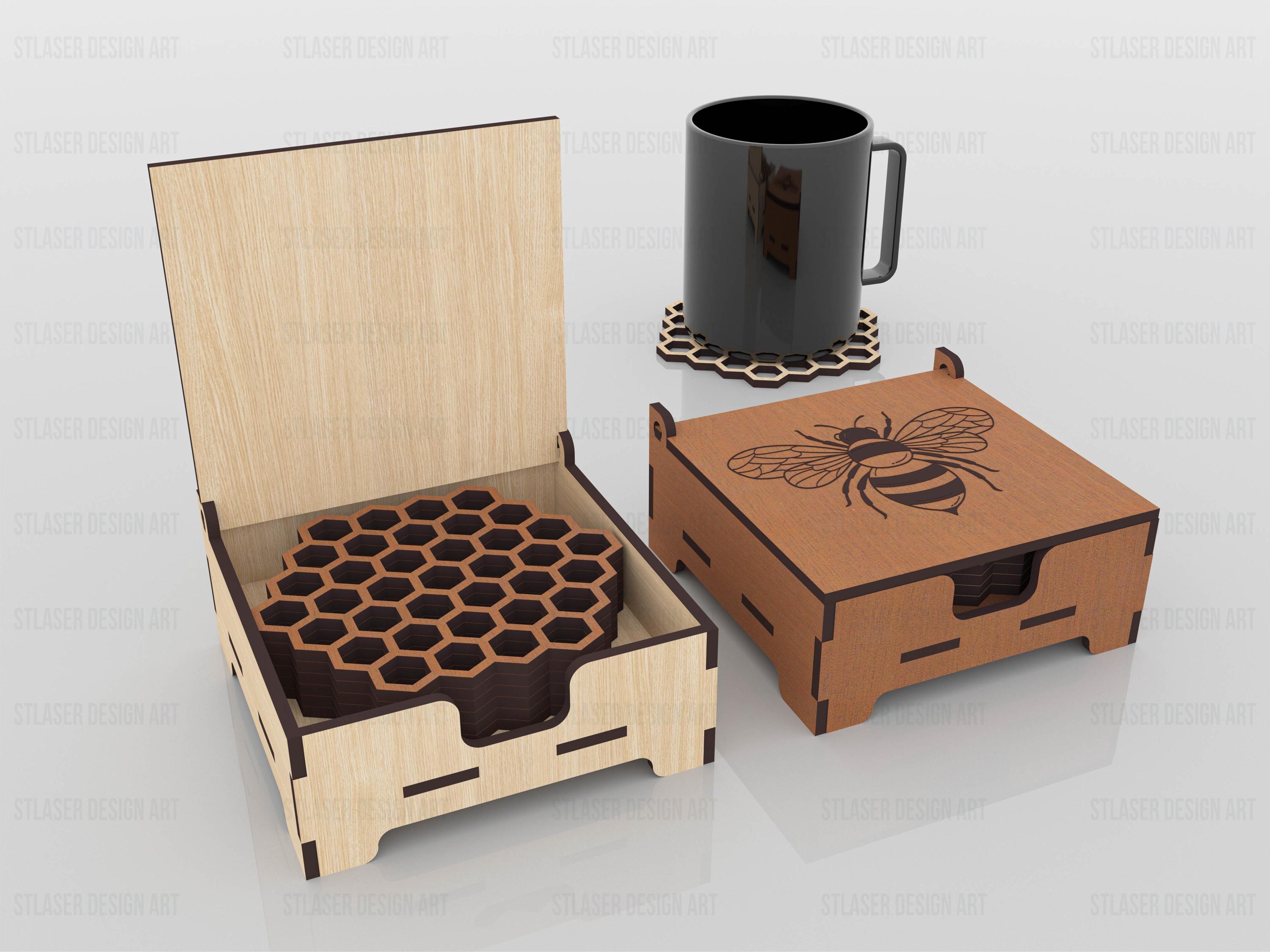 Bee Patterned Boxed Laser Cut Coaster, Laser Cut Wooden Box With Lid ...