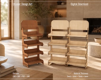 May include: Three wooden display stands with four shelves each, featuring a light brown finish on the left unit and a natural light wood finish on the two right units. The text StLaser Design Art, Digital Download, Formats CDR, DXF, PDF, SVG, and Material Thickness 3mm, 4mm, 5mm, 6mm is visible.