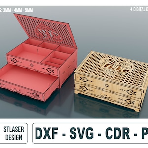 Laser geschnittene Holz Kommode Schmuckschatulle SVG-Dateien, Holz Geschenkbox Vektordateien, Vektordateien für Holz Laserschneiden