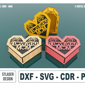Pudełko na prezent Heart Mom Laser Cut Svg Pliki, pliki wektorowe do cięcia laserowego drewna