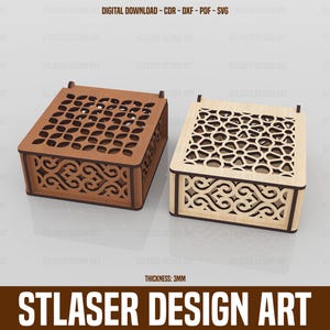 蓋付きレーザーカットボックスのSVGファイル、装飾的な木製ギフトボックスのレーザーカット、木材レーザーカット用ベクターファイル
