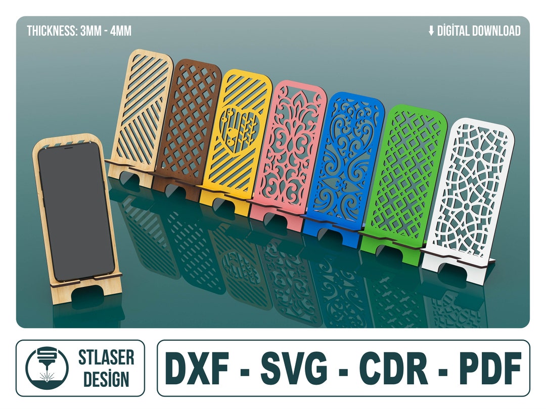 7 Decorative Patterned Laser Cut Phone Stand Svg Files, Phone Holder Files, Vector Files for