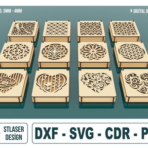 12 verschiedene Muster dekorative Geschenkbox Laser geschnittene SVG-Dateien, Schmuckschatulle mit Deckel, Vektordateien für Holz Laserschneiden