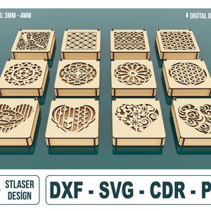 12 verschiedene Muster dekorative Geschenkbox Laser geschnittene SVG-Dateien, Schmuckschatulle mit Deckel, Vektordateien für Holz Laserschneiden Bild 1