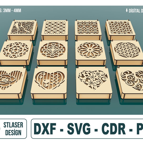 12 verschiedene Muster dekorative Geschenkbox Laser geschnittene SVG-Dateien, Schmuckschatulle mit Deckel, Vektor-Dateien für Holz-Laserschneiden