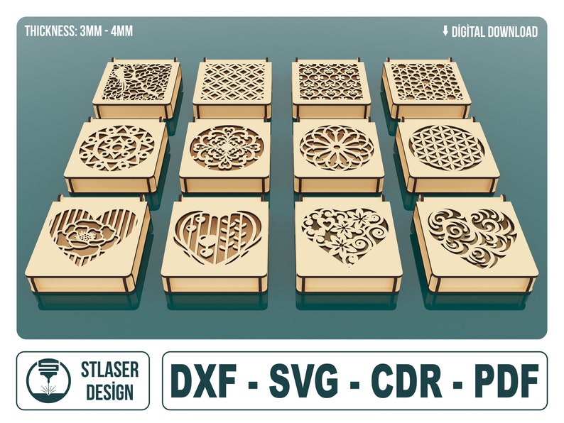 12 verschiedene Muster dekorative Geschenkbox Laser geschnittene SVG-Dateien, Schmuckschatulle mit Deckel, Vektordateien für Holz Laserschneiden Bild 1