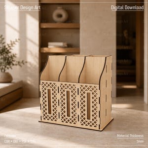 May include: A light-colored wooden desk organizer featuring three vertical compartments with a decorative lattice pattern on the front panels. The structure is designed with a 3mm material thickness, and the text Digital Download is visible.