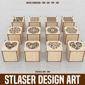12 Different Pattern Decorative Gift Box Laser Cut Svg Files, Jewelry Box With Lid, Mug Box, Vector Files For Wood Laser Cutting