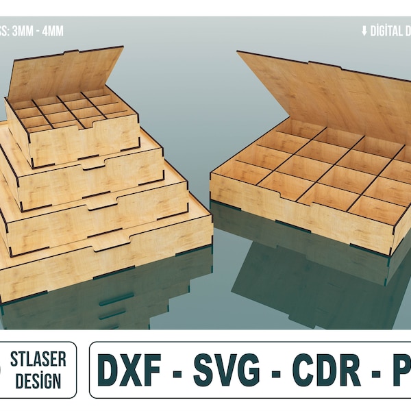 4 verschiedene Größe mit Klappdeckel Box Laser geschnittene SVG-Dateien, Aufbewahrungsbox-Dateien, Vektor-Dateien für das Laserschneiden