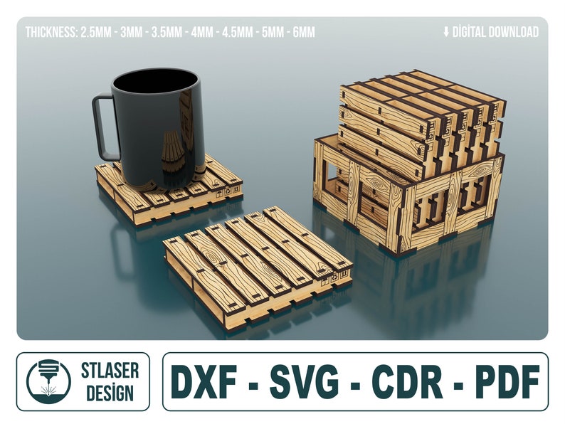 File Svg di sottobicchieri per pallet in scatola, file vettoriali per il taglio laser del legno immagine 1