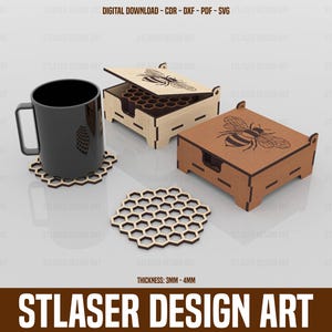 Lasergesneden onderzetter met bijpatroon, lasergesneden houten kist met deksel, vectorbestanden voor hout lasersnijden