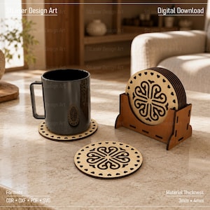 May include: A set of circular wooden coasters featuring a laser-cut heart border and a central geometric pattern. The set includes a wooden holder, with one coaster placed under a black mug and another lying flat. Text includes Digital Download, Formats COR, DXF, PDF, SVG, and Material Thickness 3mm, 4mm.