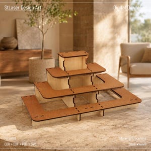 May include: A tiered wooden display stand with four levels, featuring a light wood grain finish and dark brown edges. The structure is assembled with visible interlocking joints. Text on the image includes StLaser Design Art, Digital Download, Formats CDR DXF PDF SVG, and Material Thickness 3mm 4mm.