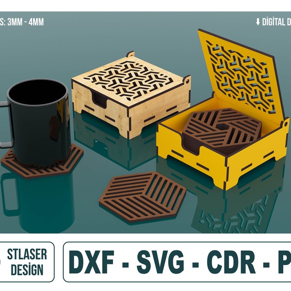 Boîtes Coaster 6 fichiers SVG découpés au laser de styles différents, fichiers vectoriels pour la découpe laser du bois