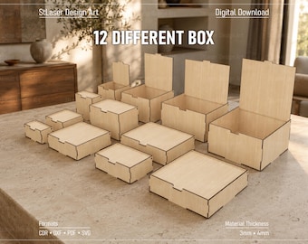 12 Different Size With Flip Up Lid Box Bundle Laser Cut Svg Files, Vector Files For Wood Laser Cutting