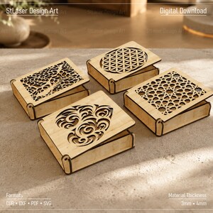 May include: Four rectangular light-colored wooden boxes with hinged lids featuring intricate laser-cut patterns. The designs include a tree, a geometric flower, a star-based pattern, and swirling shapes. Text includes StLaser Design Art, Digital Download, Formats CDR, DXF, PDF, SVG, and Material Thickness 3mm, 4mm.