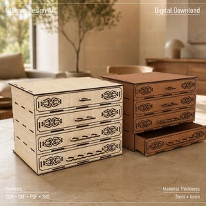 May include: Two wooden desktop organisers with four drawers each, featuring laser-cut decorative scrollwork on the drawer fronts. One organiser is light wood, the other is dark wood. Text includes StLaser Design Art, Digital Download, Formats CDR DXF PDF SVG, and Material Thickness 3mm 4mm.