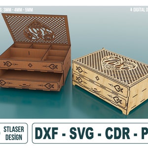 Archivos svg de caja de joyería de cómoda de madera cortada con láser, archivos vectoriales de caja de regalo de madera