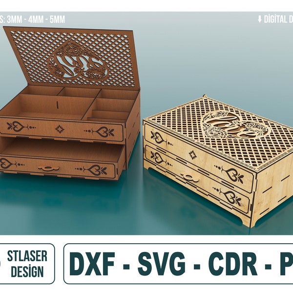 Laser Cut Wood Chest Of Drawers Jewelry Box Svg Files, Wooden Gift Box Vector Files