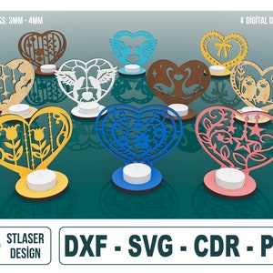 10 file Svg tagliati al laser per portacandele con motivo a cuore, file vettoriali per il taglio laser del legno