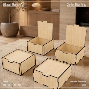 May include: Four square light-colored wooden boxes with dark edges, two with lids closed and two with lids open. Text reads StLaser Design Art, Digital Download, Formats CDR DXF PDF SVG, and Material Thickness 3mm. These are laser-cut storage containers.