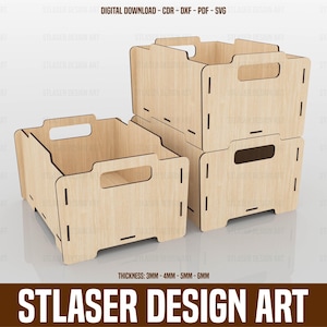 Boîte de rangement empilable découpée au laser, boîte en bois découpée au laser, fichiers vectoriels pour la découpe laser du bois
